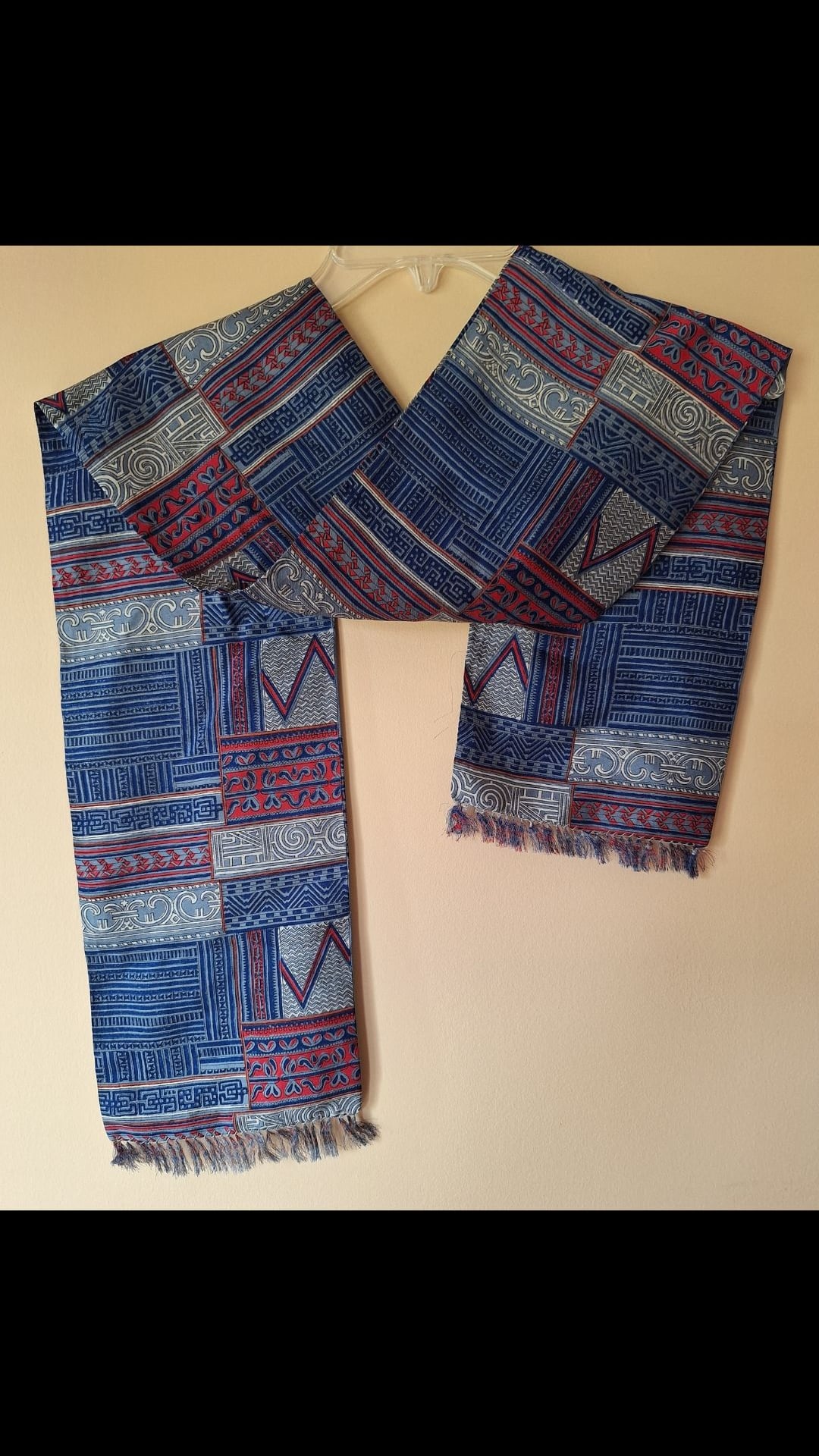 Vintage Indian Silk Batik Print Patterned Scarf with Fringed Ends 2