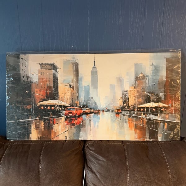 New York City Empire State Building Rainy Streetscape Canvas Wall Art