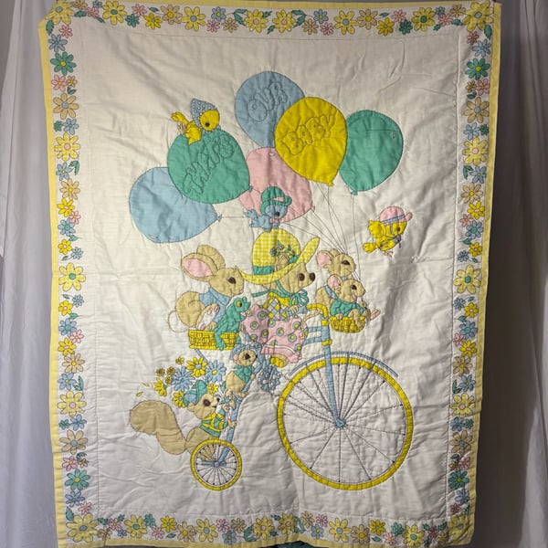 Vintage That's Our Baby Crib Blanket Animals on a Bicycle/Balloons