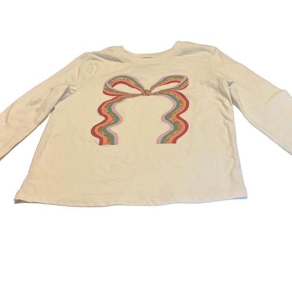 Cat & Jack Girls 4T Long Sleeve Shirt Rainbow Bow Glitter Graphic White