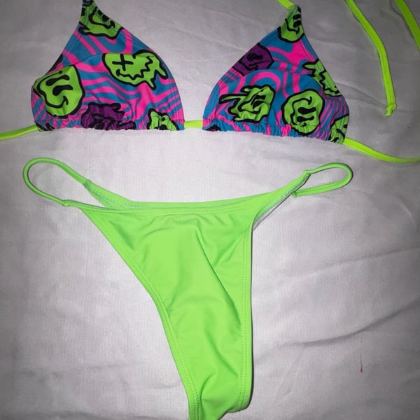 Neon Green and Psychedelic Smiley Print Thong Bikini Set