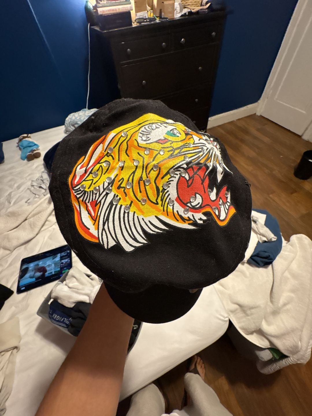 Ed Hardy By Christian Audigier Black Embroidered Tiger Crystal Studded Cadet Hat 3