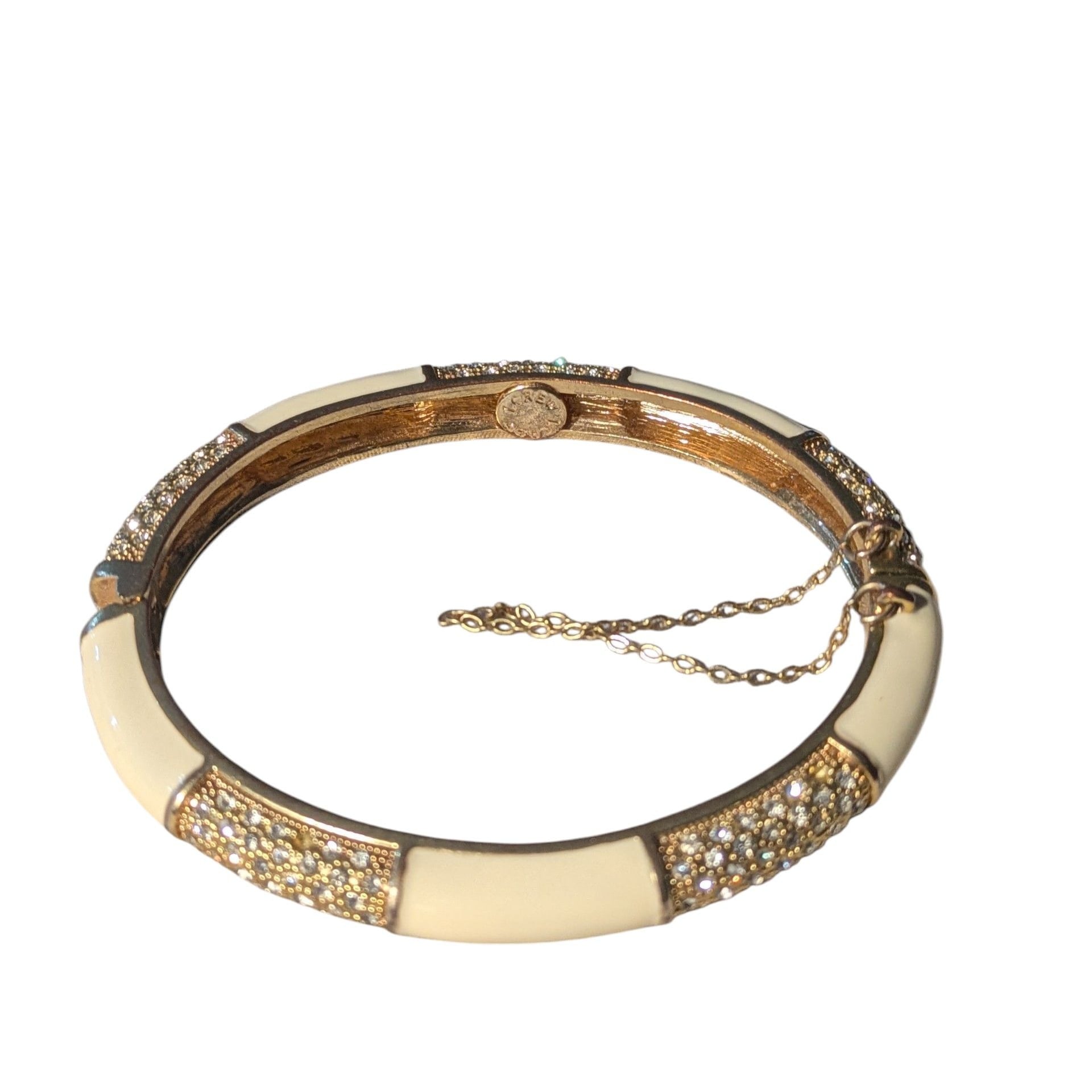 J.Crew Hinged Bangle Bracelet with Cream Enamel and Rhinestones 2