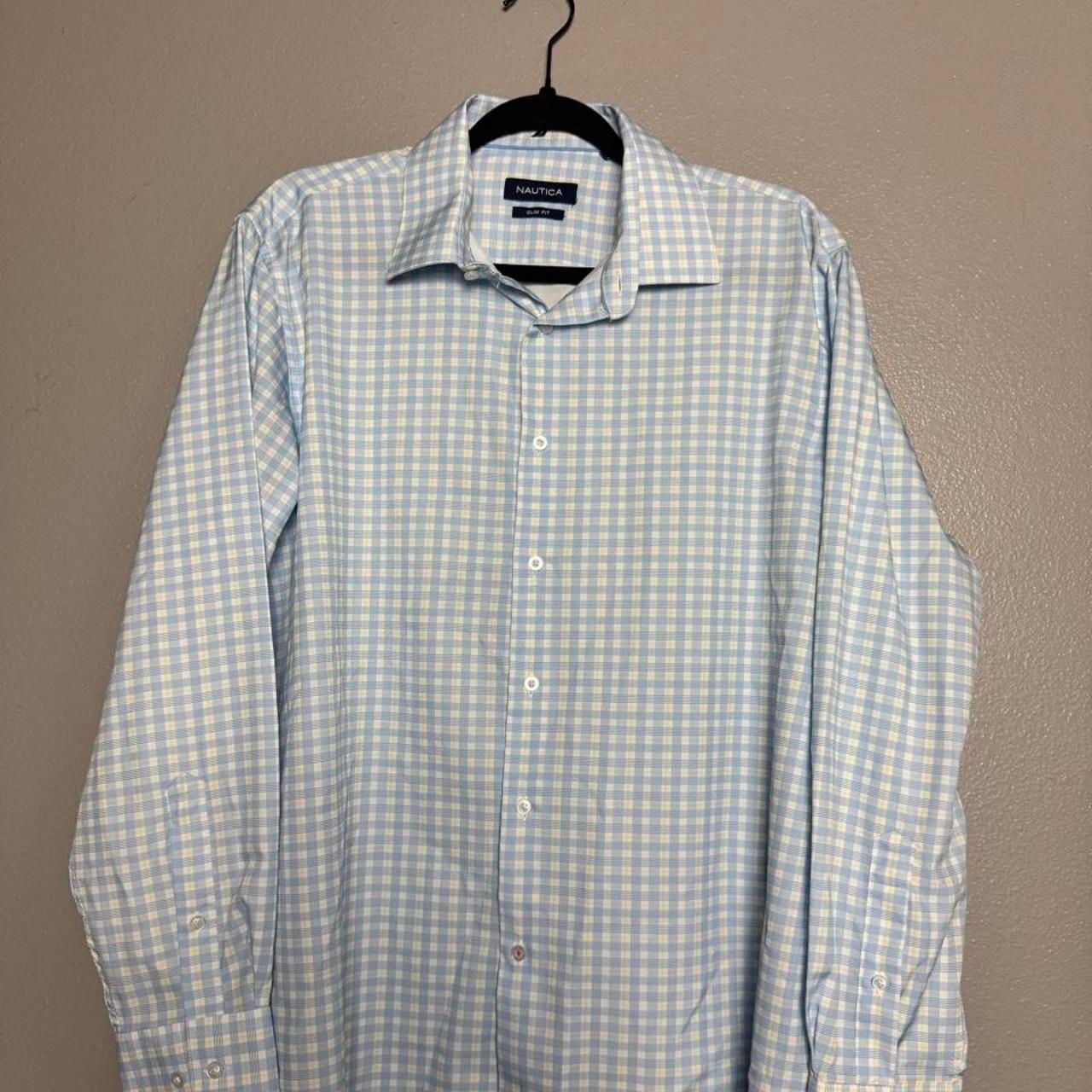 Nautica Men’s Performance Plaid Button Down Shirt Blue Yellow Slim Fit 3