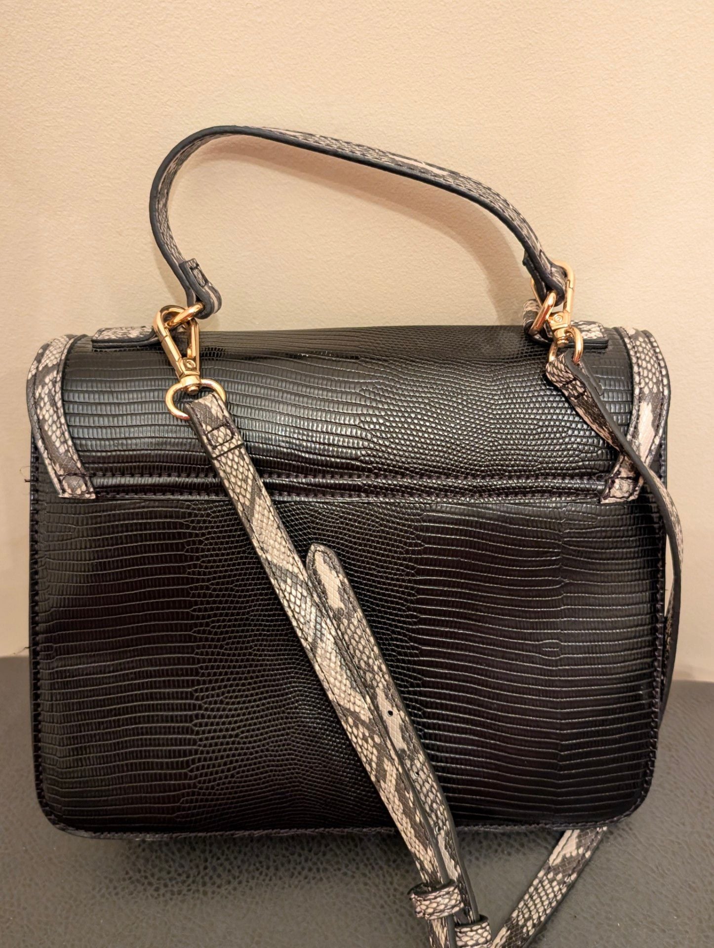 Rachel Zoe Black Faux Snakeskin Satchel Handbag with Gold Tassel Charm 6