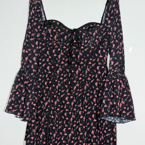 Fashion Nova Black Floral Print Long Sleeve Corset Mini Dress with Tie Front