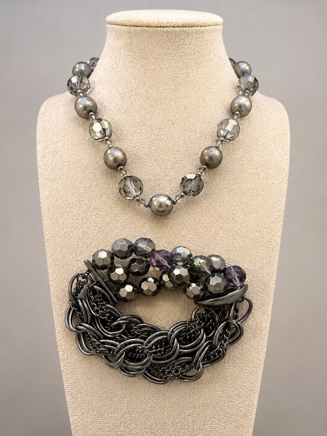 Vintage Chico’s Gunmetal Crystal Beaded Necklace & Multi-Strand Chain Bracelet 1