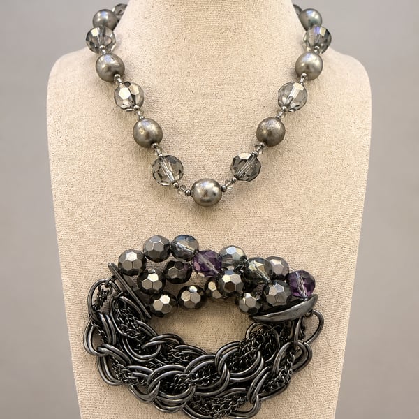 Vintage Chico’s Gunmetal Crystal Beaded Necklace & Multi-Strand Chain Bracelet