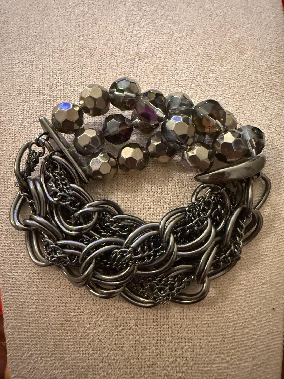 Vintage Chico’s Gunmetal Crystal Beaded Necklace & Multi-Strand Chain Bracelet 2