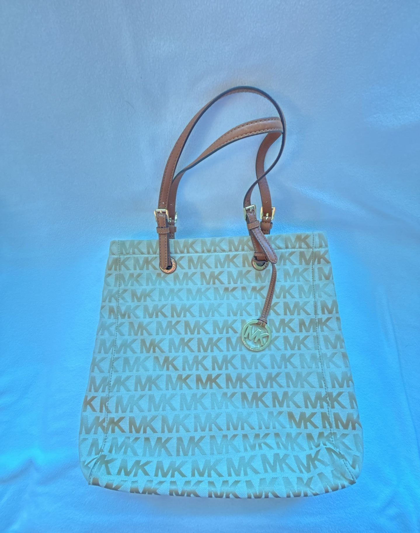 Michael Kors Signature MK Monogram Canvas Tote Bag with Tan Leather Trim 2