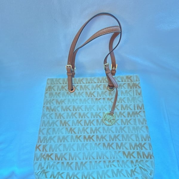 Michael Kors Signature MK Monogram Canvas Tote Bag with Tan Leather Trim