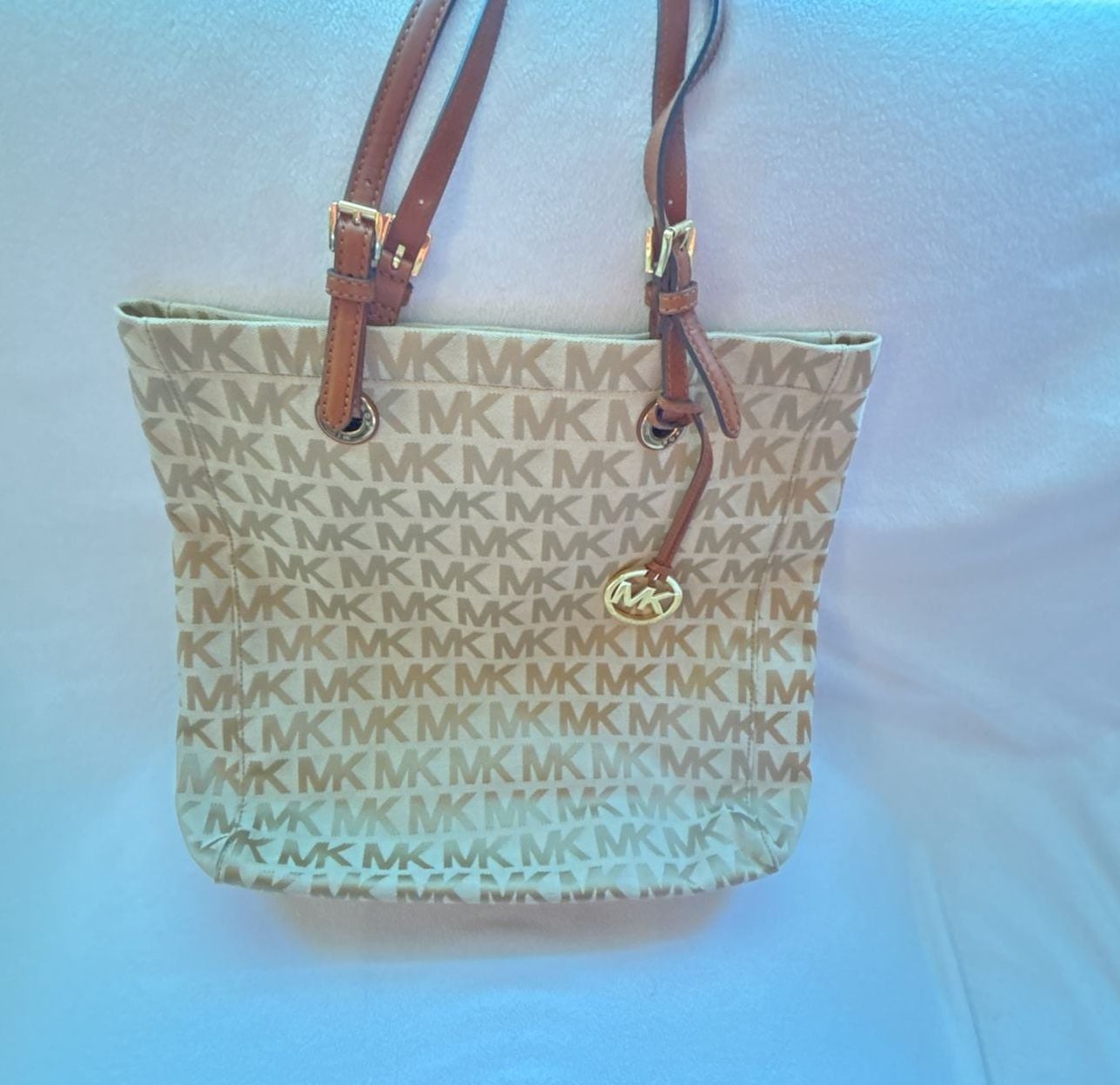 Michael Kors Signature MK Monogram Canvas Tote Bag with Tan Leather Trim 3
