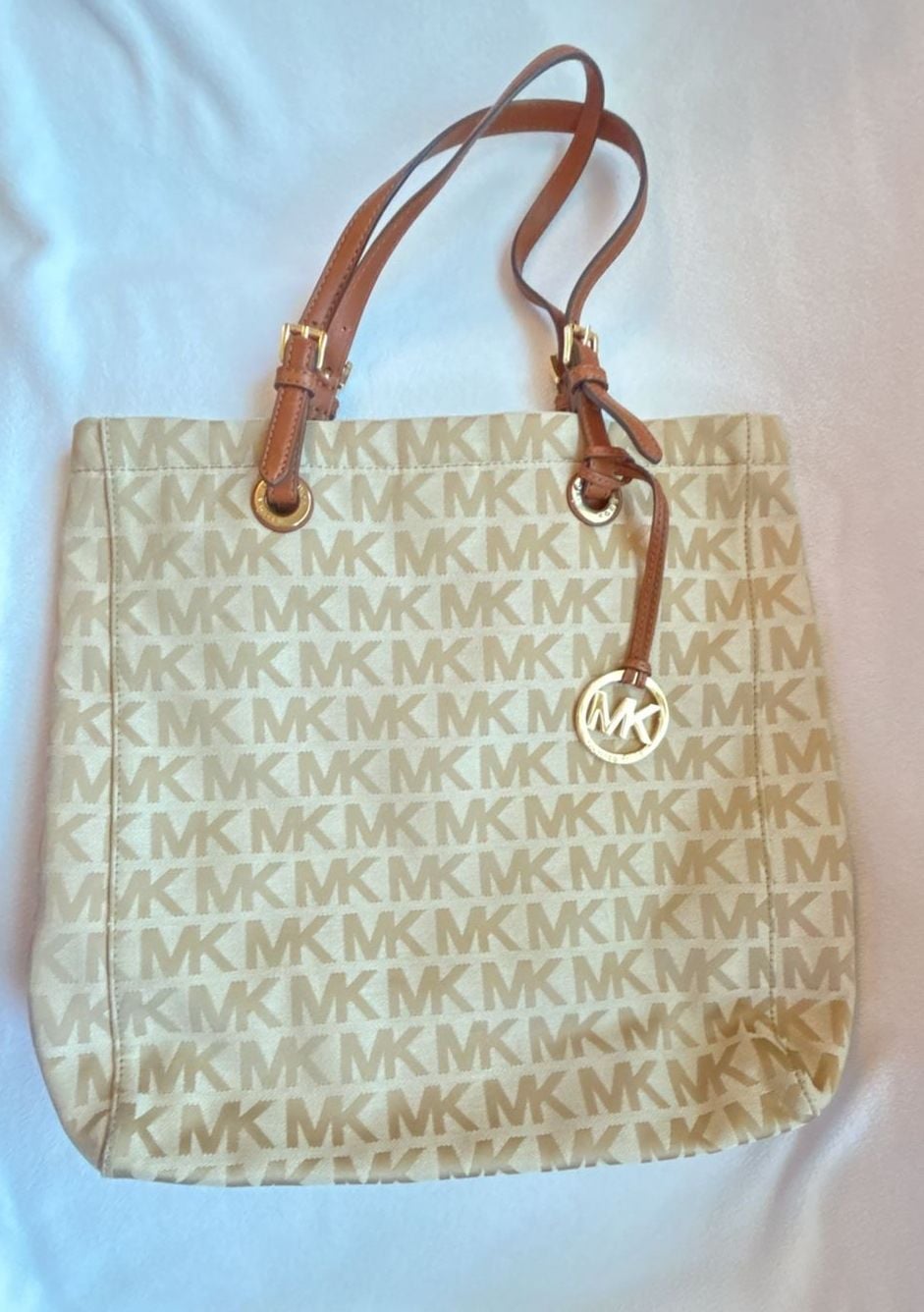 Michael Kors Signature MK Monogram Canvas Tote Bag with Tan Leather Trim 4
