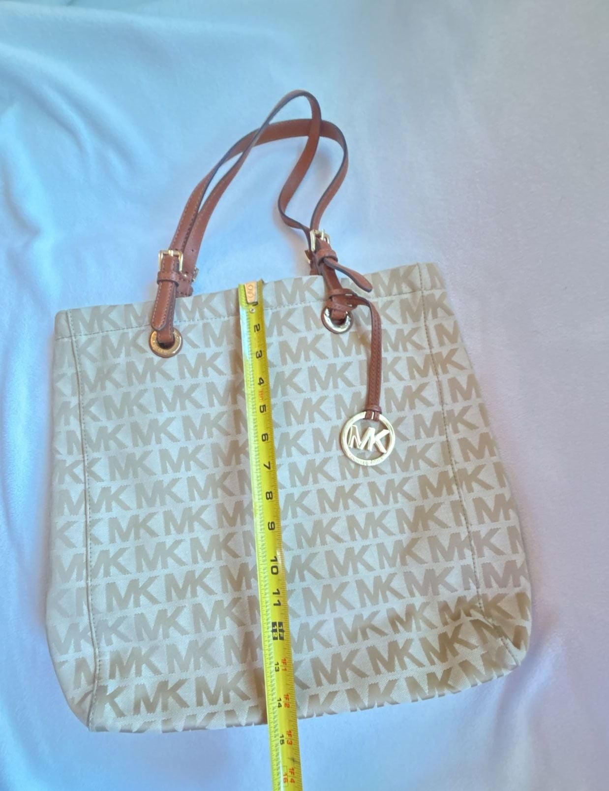 Michael Kors Signature MK Monogram Canvas Tote Bag with Tan Leather Trim 5