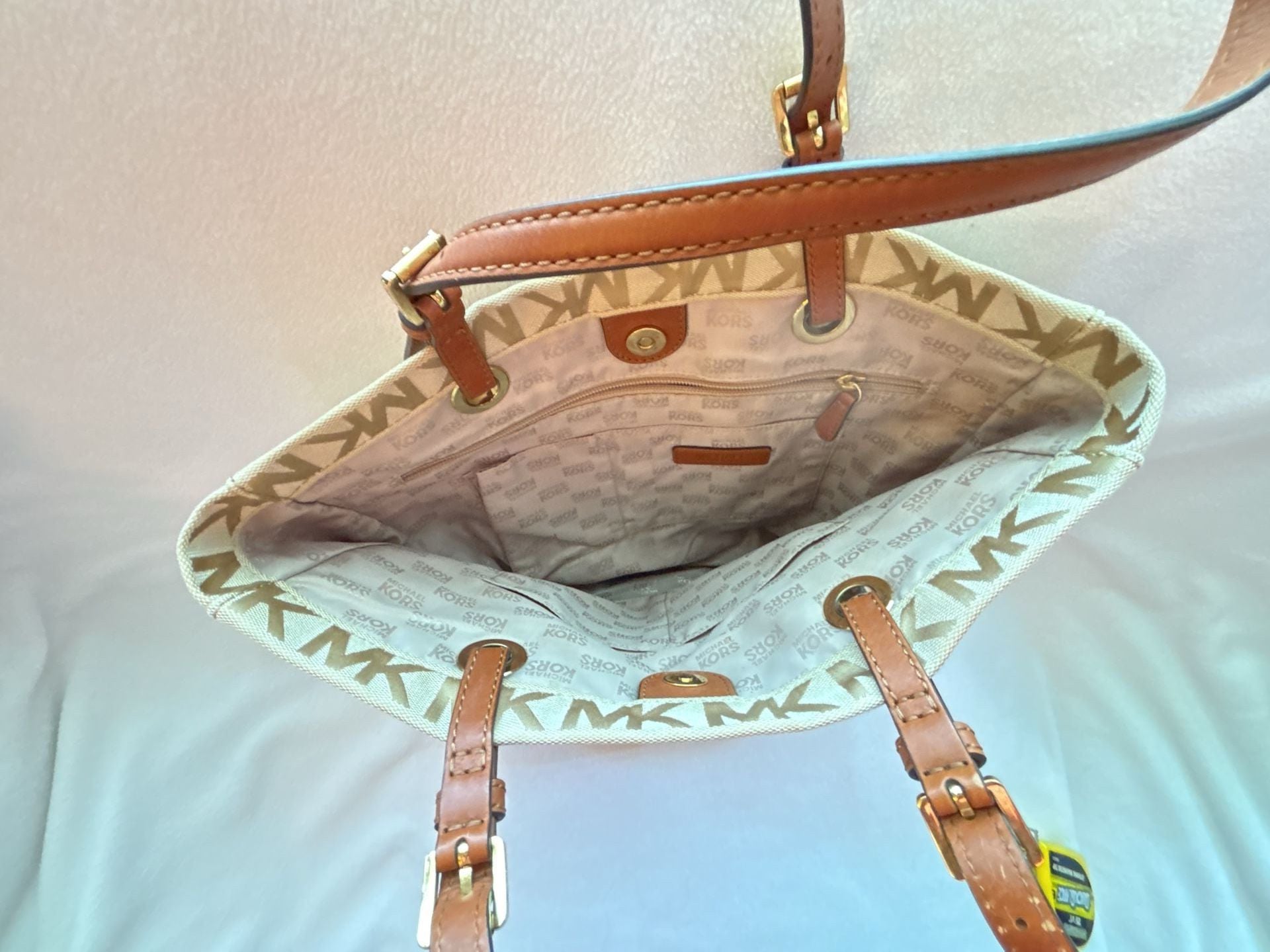 Michael Kors Signature MK Monogram Canvas Tote Bag with Tan Leather Trim 7