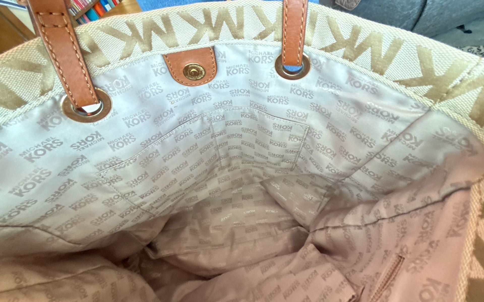 Michael Kors Signature MK Monogram Canvas Tote Bag with Tan Leather Trim 8