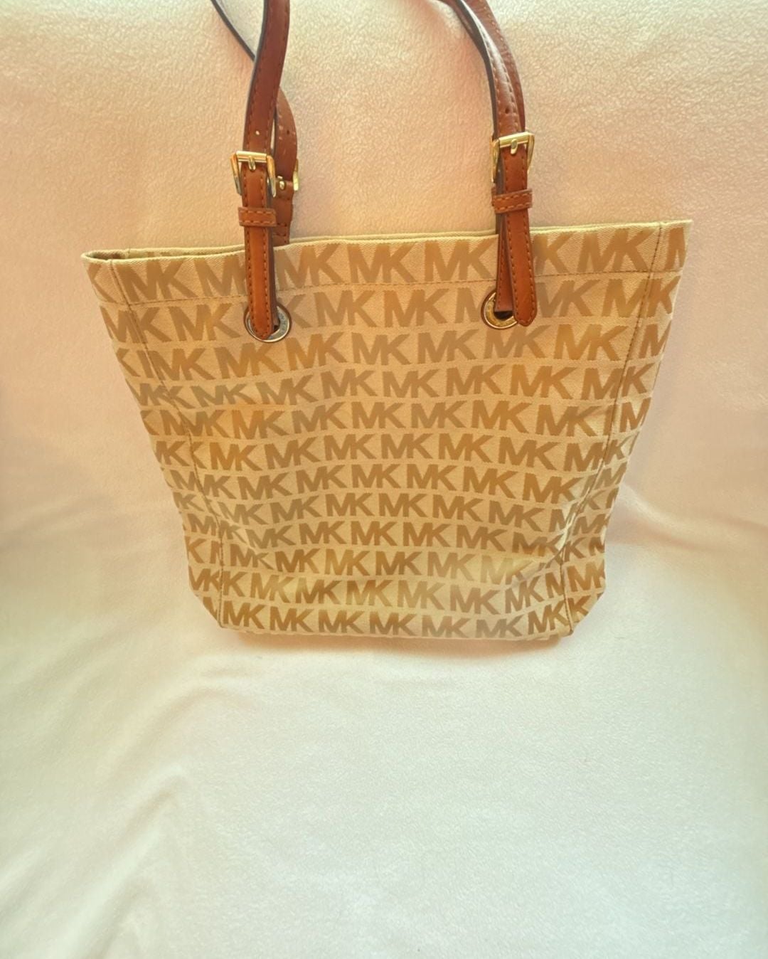 Michael Kors Signature MK Monogram Canvas Tote Bag with Tan Leather Trim 9