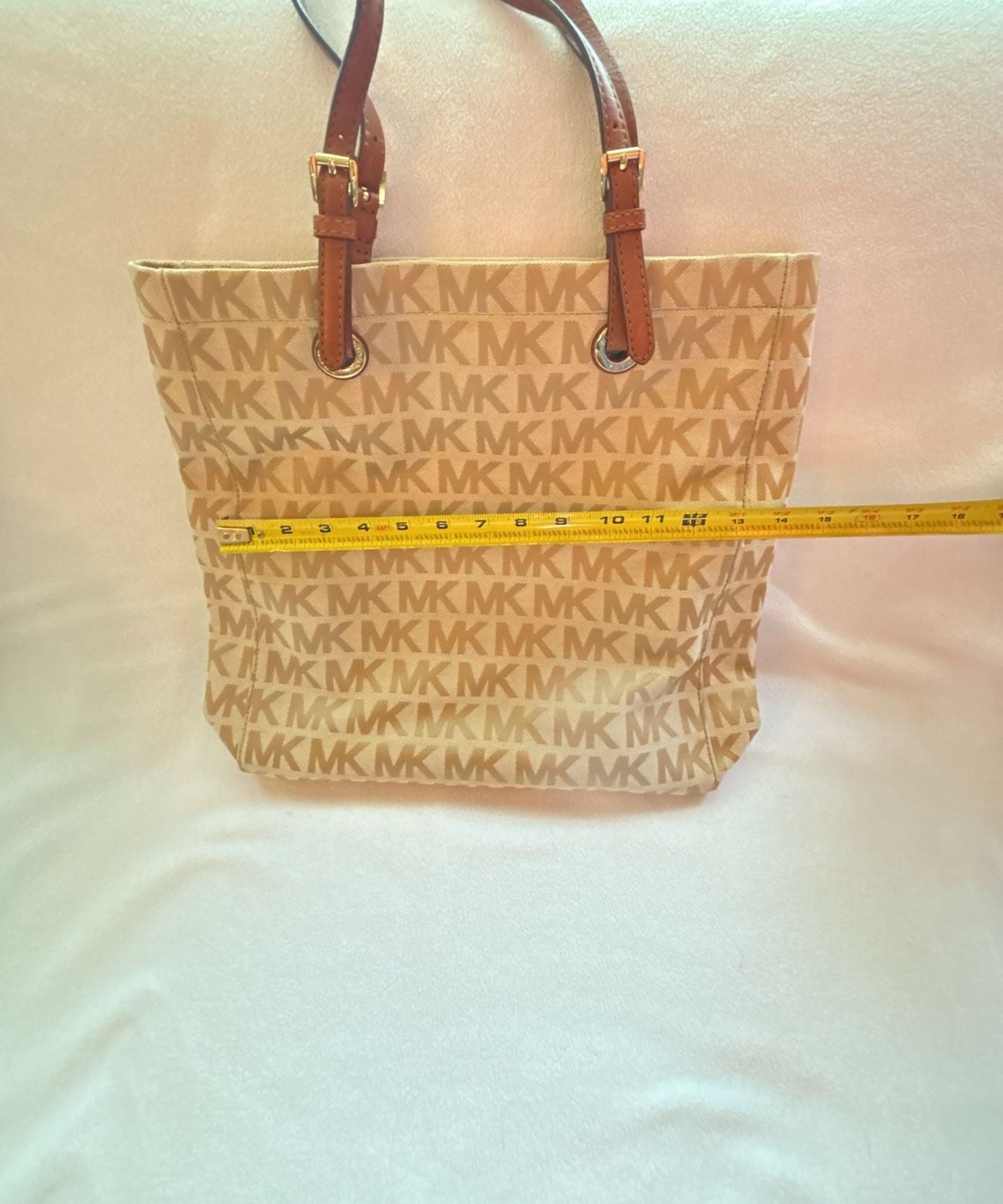 Michael Kors Signature MK Monogram Canvas Tote Bag with Tan Leather Trim 10