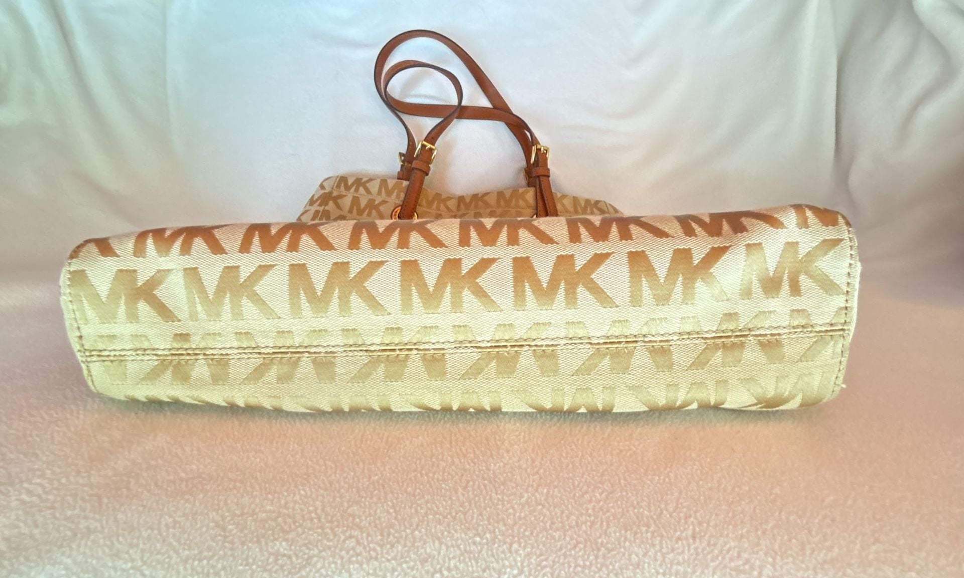 Michael Kors Signature MK Monogram Canvas Tote Bag with Tan Leather Trim 12