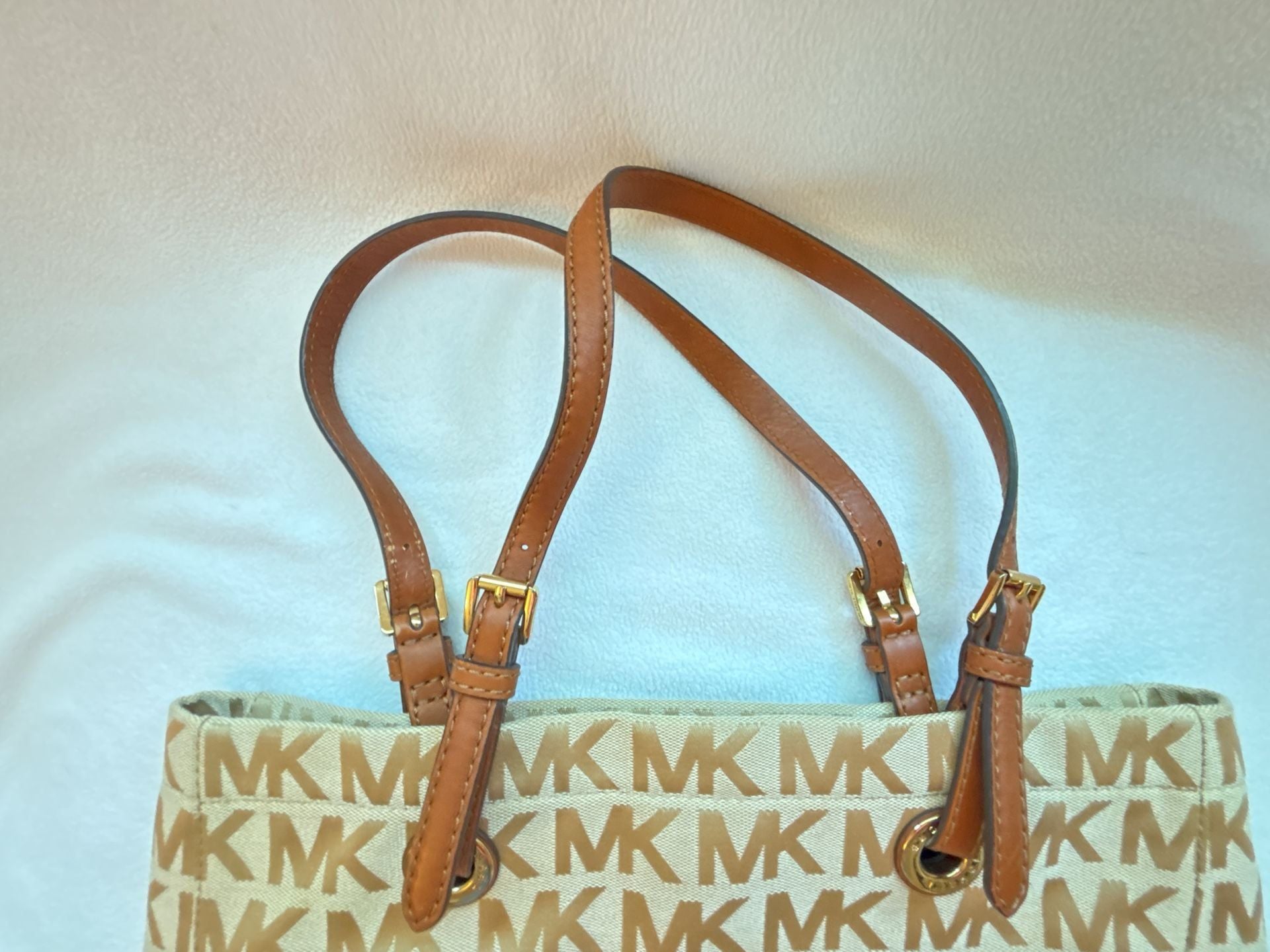 Michael Kors Signature MK Monogram Canvas Tote Bag with Tan Leather Trim 13