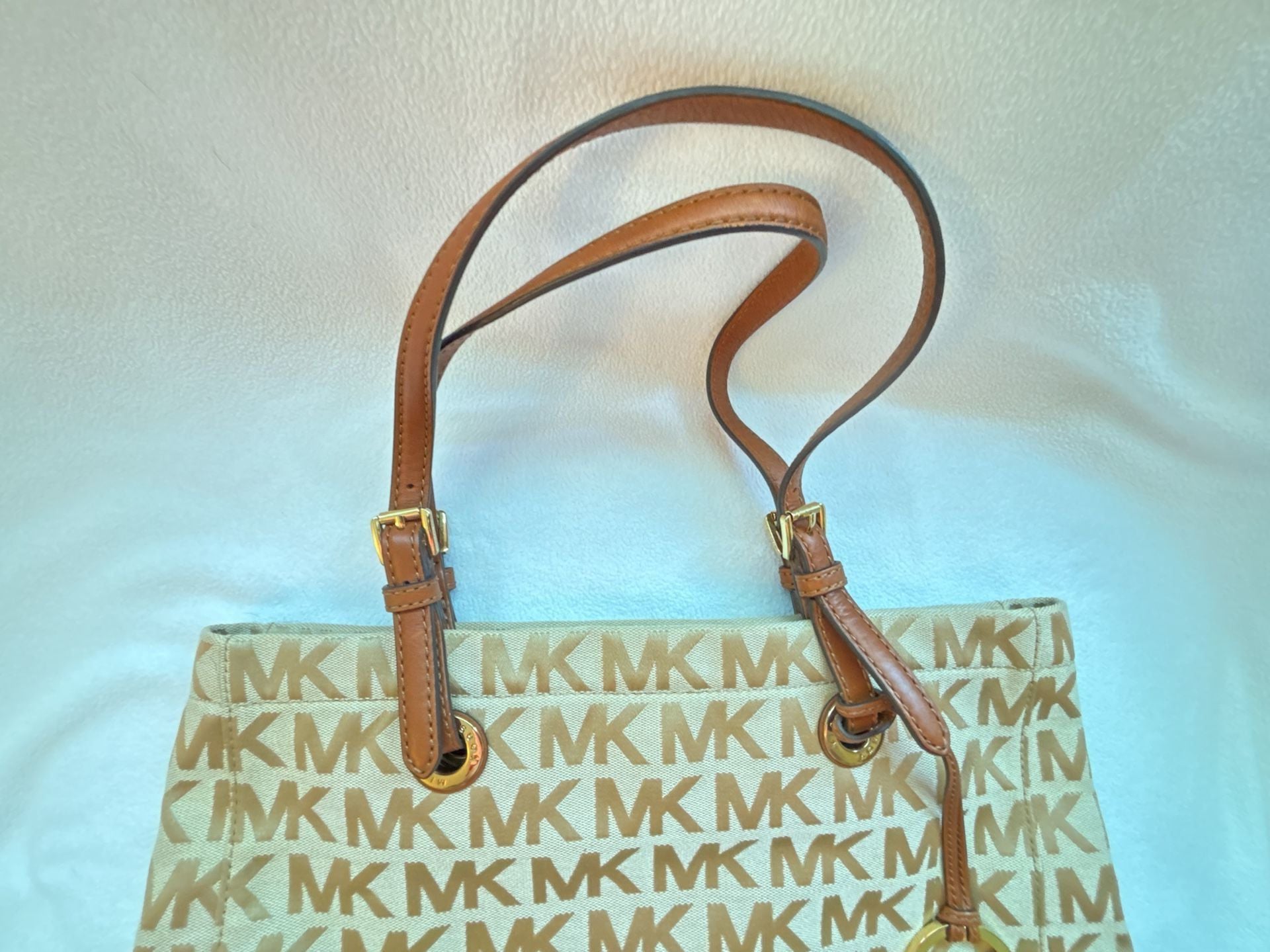 Michael Kors Signature MK Monogram Canvas Tote Bag with Tan Leather Trim 14