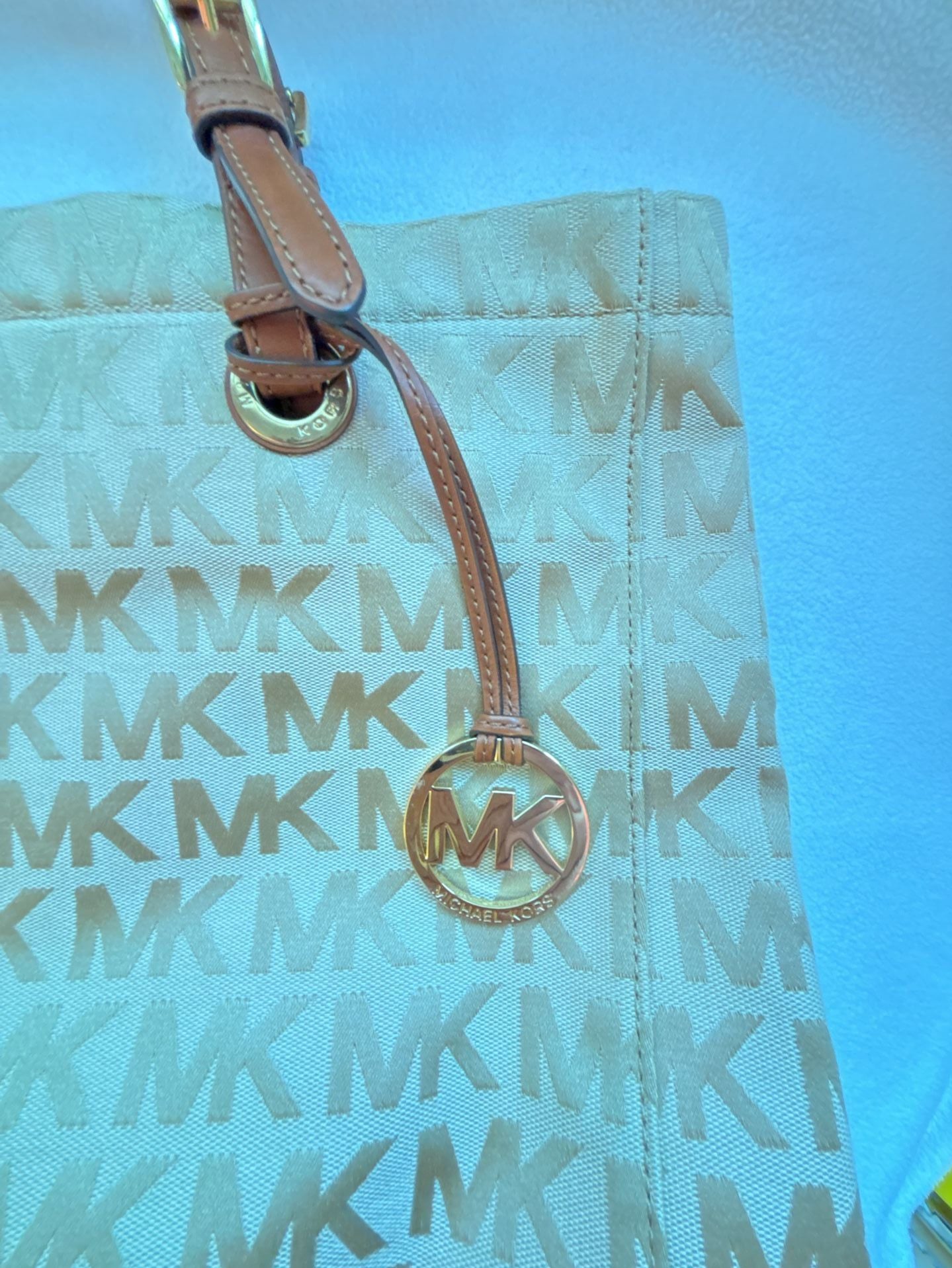Michael Kors Signature MK Monogram Canvas Tote Bag with Tan Leather Trim 15