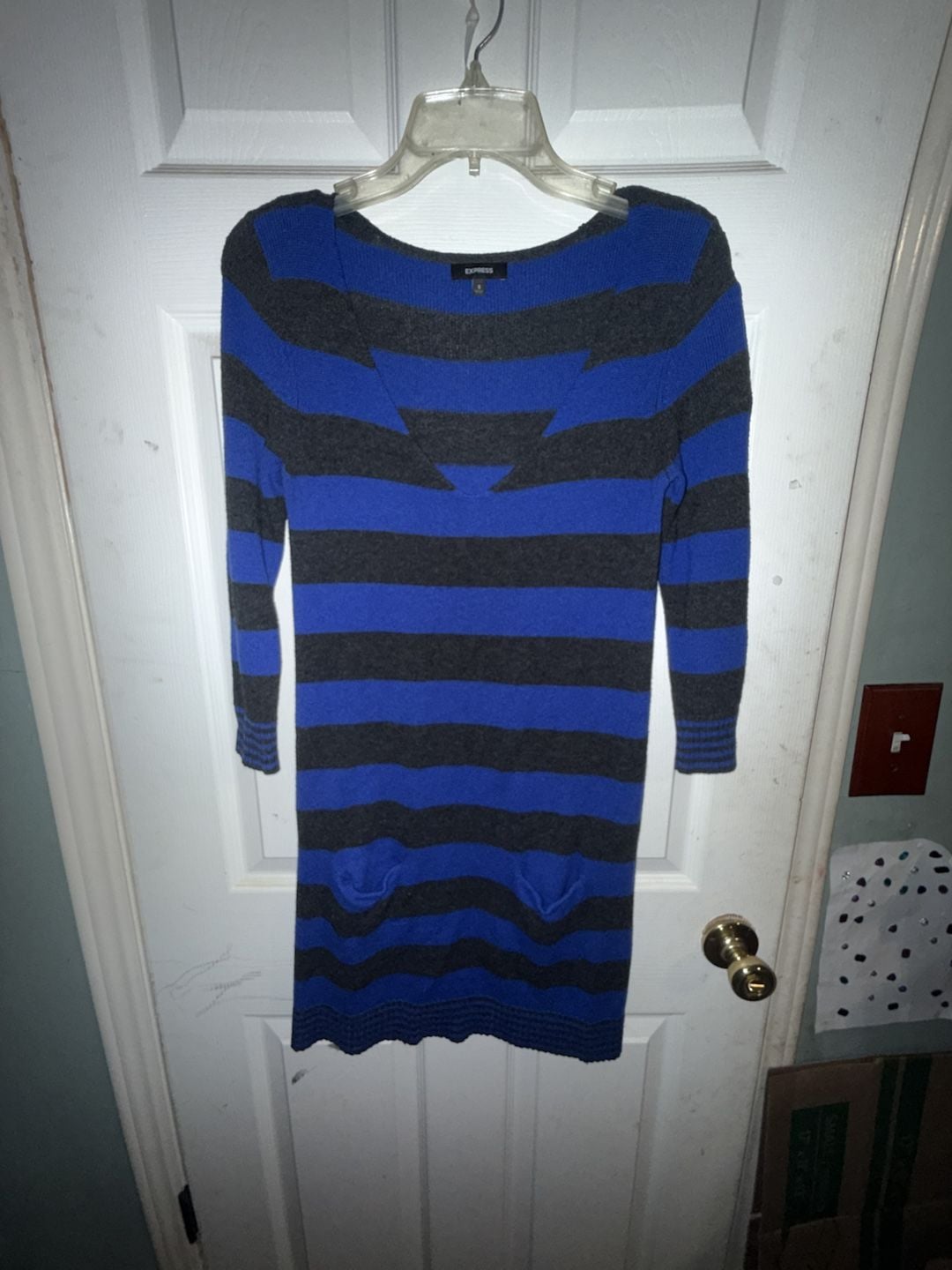 Express Blue and Gray Striped Long Sleeve Sweater Dress with Pockets 2