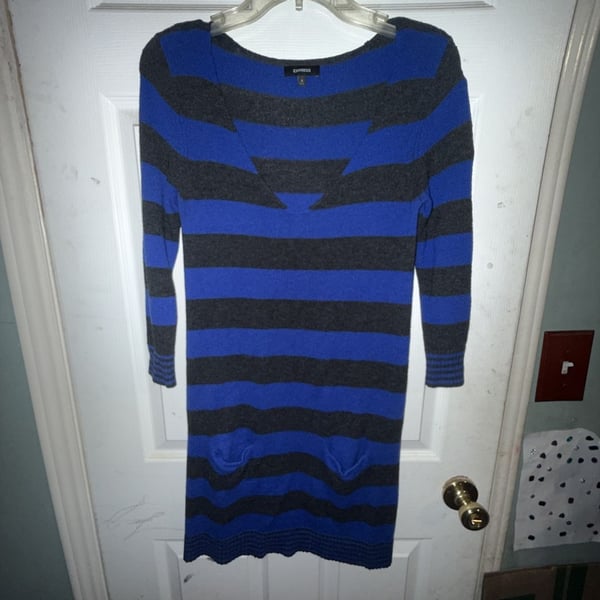 Express Blue and Gray Striped Long Sleeve Sweater Dress with Pockets