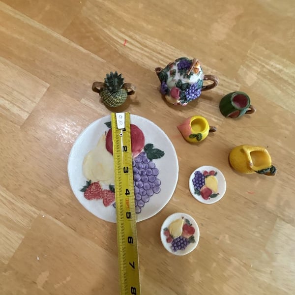 Vintage Miniature Resin Fruit Themed Tea Set Including Teapot, Cups, and Plates