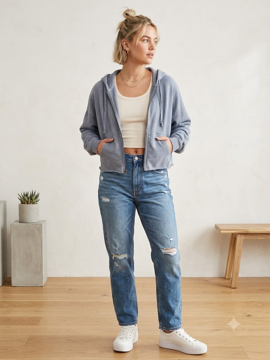 American Eagle Size S Women's Full-Zip Cropped Hoodie in Dusty Blue 2