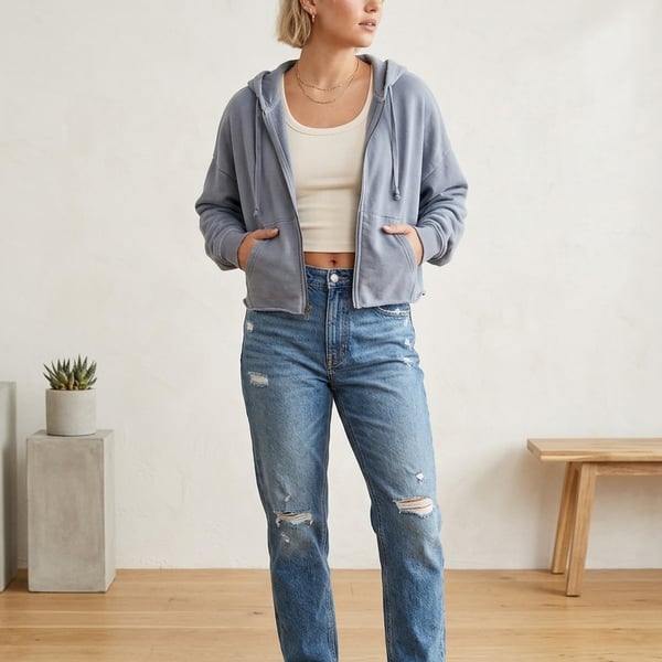 American Eagle Size S Women's Full-Zip Cropped Hoodie in Dusty Blue
