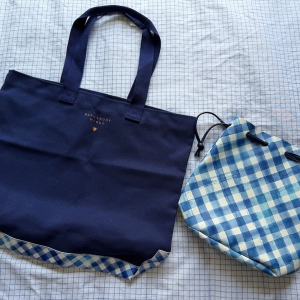 Bath & Body Works Blue Canvas Tote Bag with Gingham Pouch