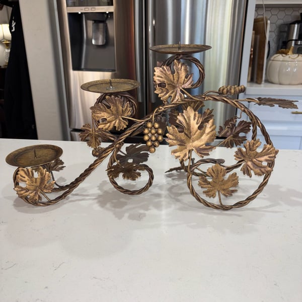 Vintage Italian Tole-Style Metal Gilt 3-Arm Grape and Vine Candelabra