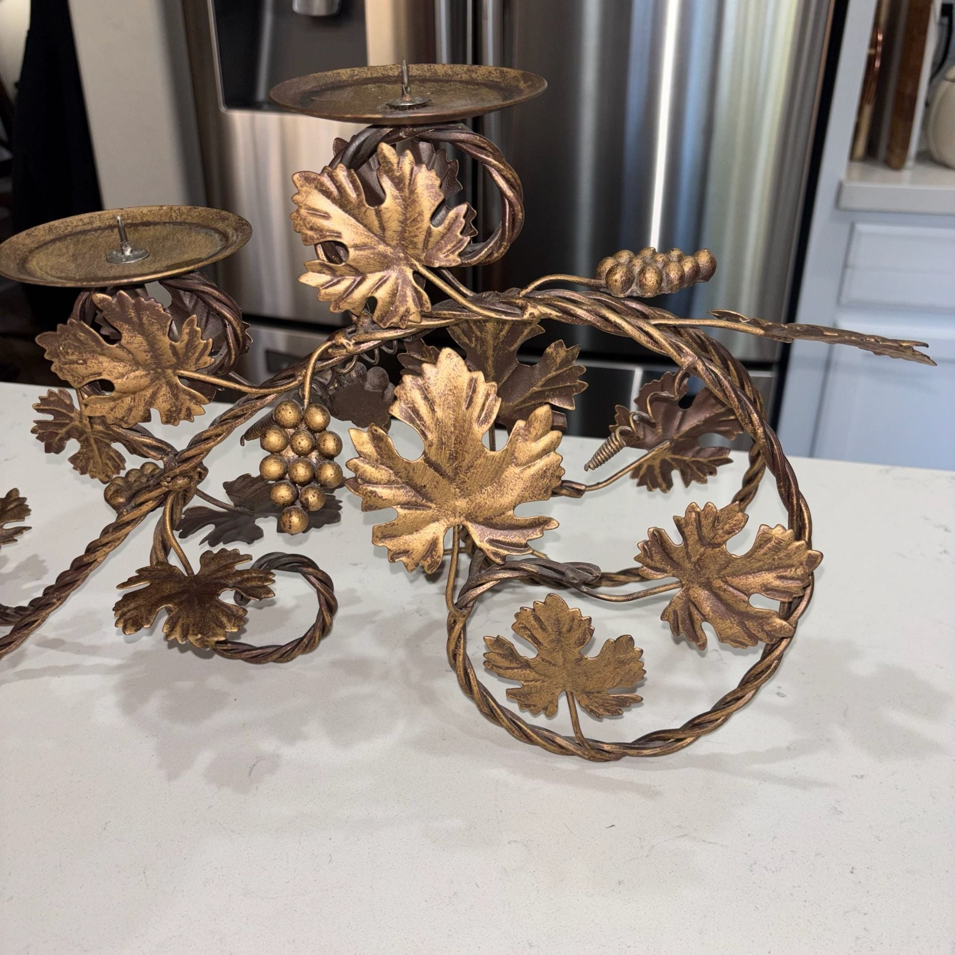Vintage Italian Tole-Style Metal Gilt 3-Arm Grape and Vine Candelabra 3