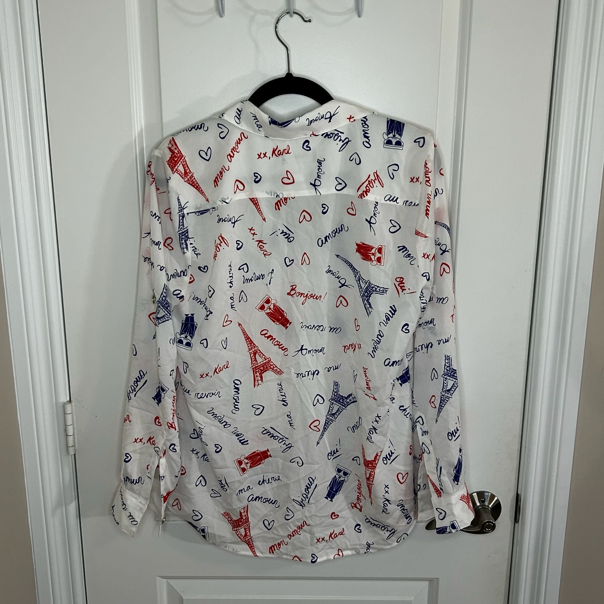 Karl Lagerfeld Paris White Eiffel Tower and Heart Print Long Sleeve Button-Down Blouse 3