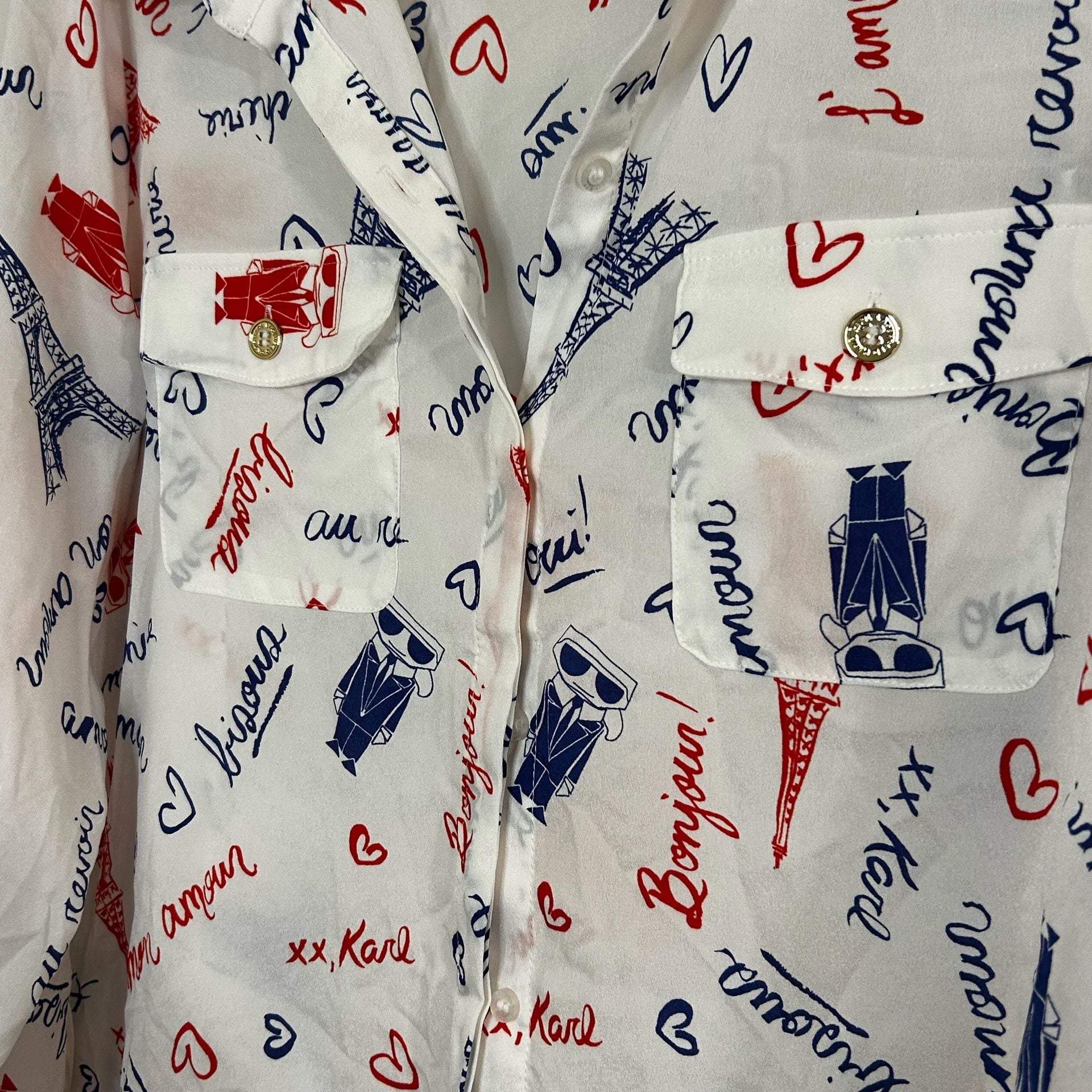 Karl Lagerfeld Paris White Eiffel Tower and Heart Print Long Sleeve Button-Down Blouse 4