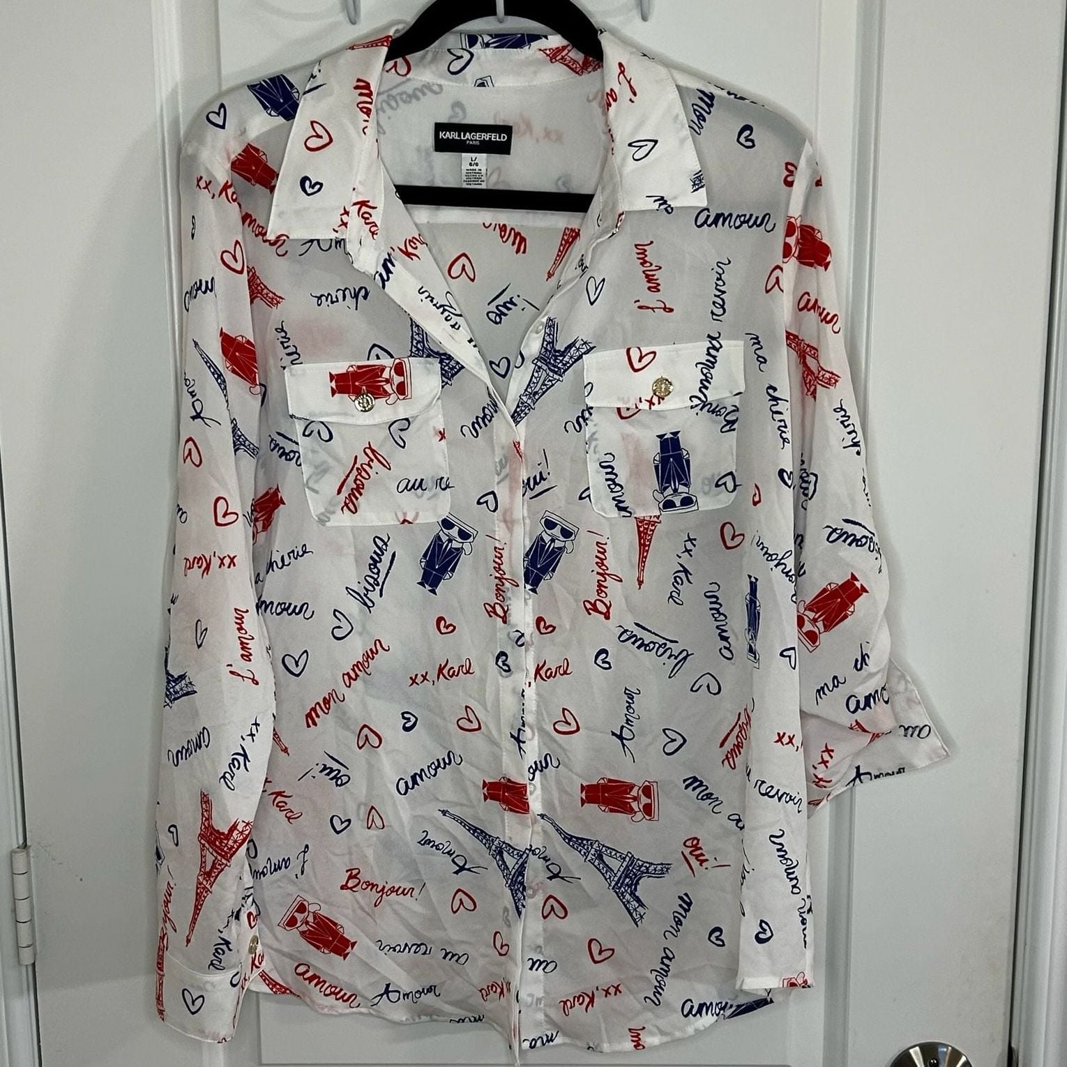 Karl Lagerfeld Paris White Eiffel Tower and Heart Print Long Sleeve Button-Down Blouse 2