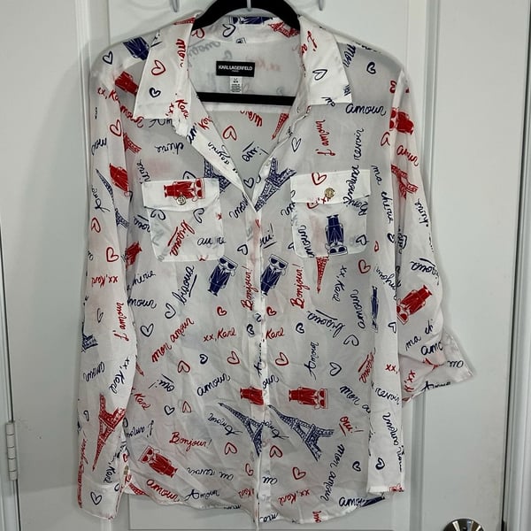 Karl Lagerfeld Paris White Eiffel Tower and Heart Print Long Sleeve Button-Down Blouse