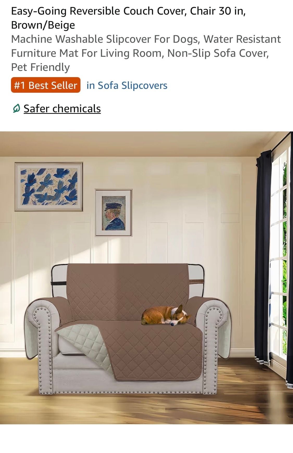Easy-Going Water Resistant Reversible Chair Slipcover, 30in, Brown/Beige 1