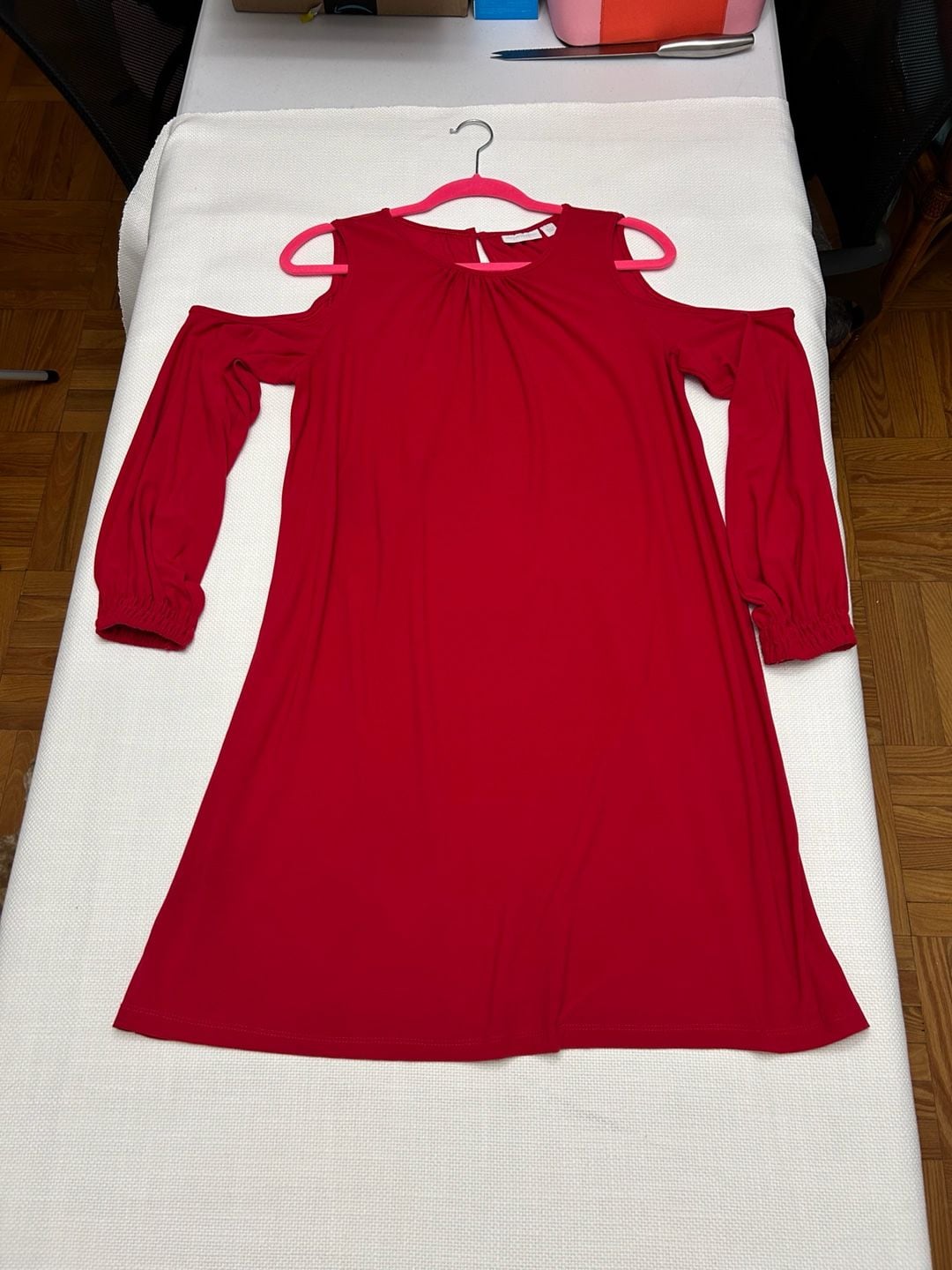 New York & Company Stretch Long Sleeve Cold-Shoulder Red Shift Dress 2