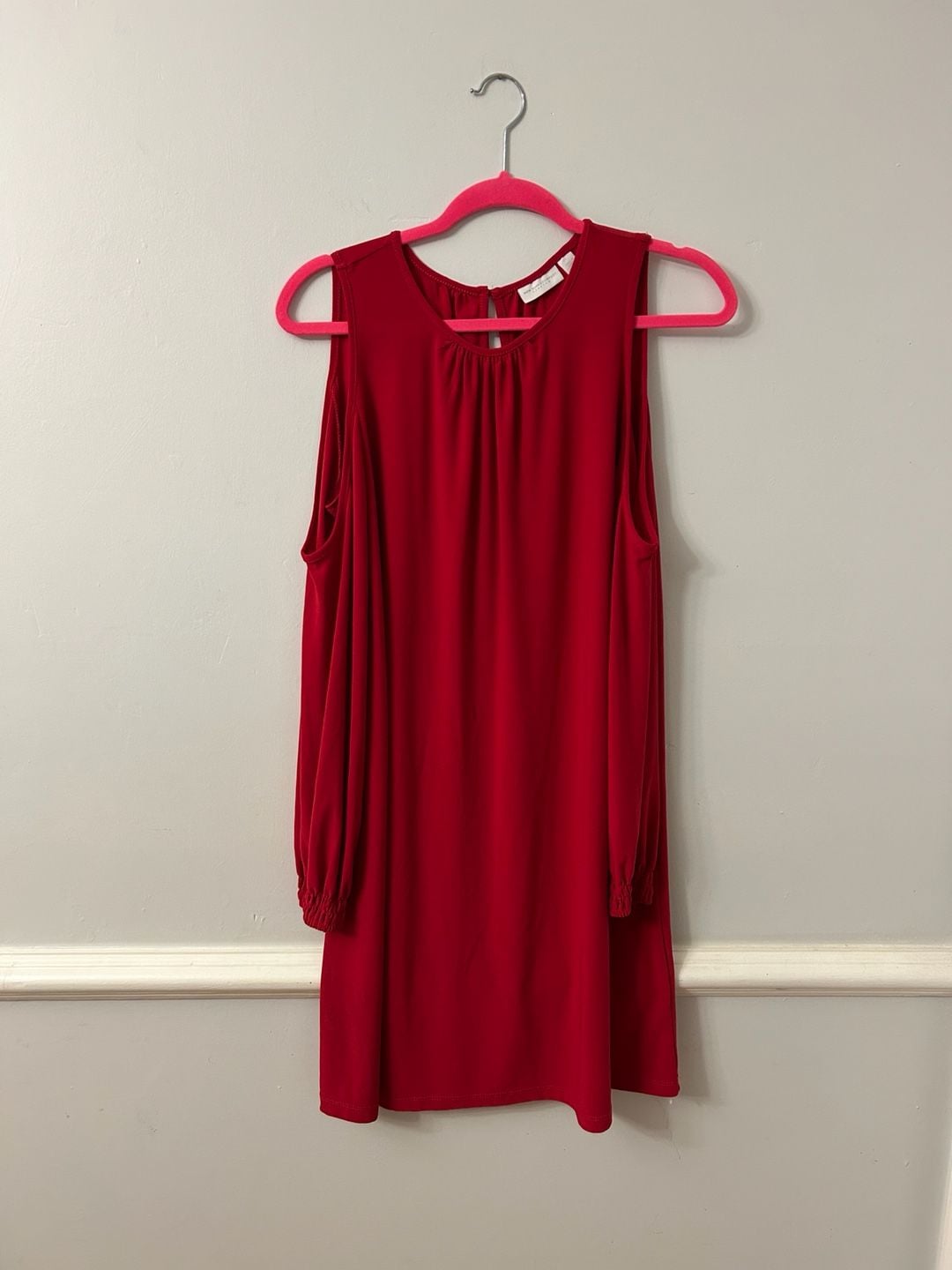 New York & Company Stretch Long Sleeve Cold-Shoulder Red Shift Dress 3