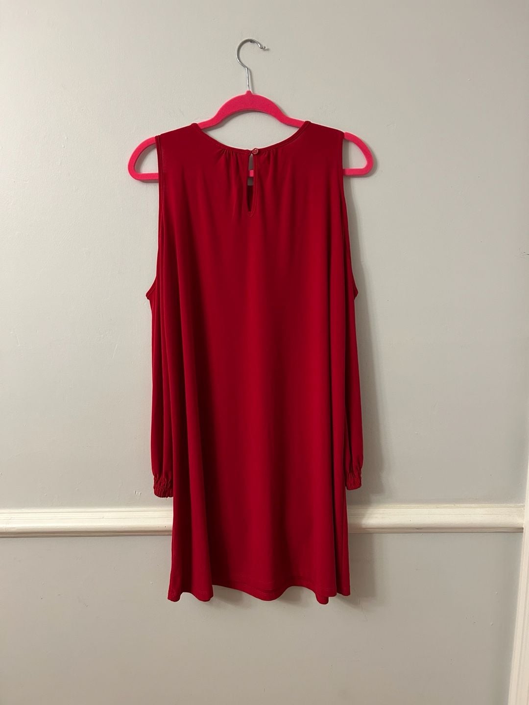 New York & Company Stretch Long Sleeve Cold-Shoulder Red Shift Dress 4