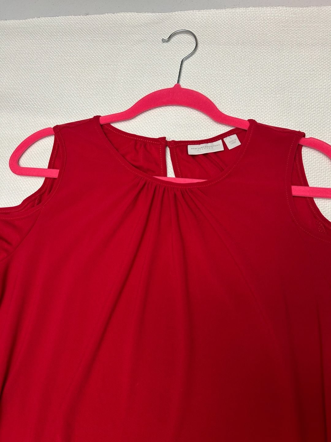 New York & Company Stretch Long Sleeve Cold-Shoulder Red Shift Dress 7