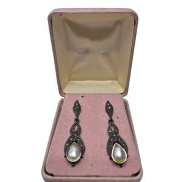 Vintage Sterling Silver Marcasite and Mother of Pearl Teardrop Dangle Earrings