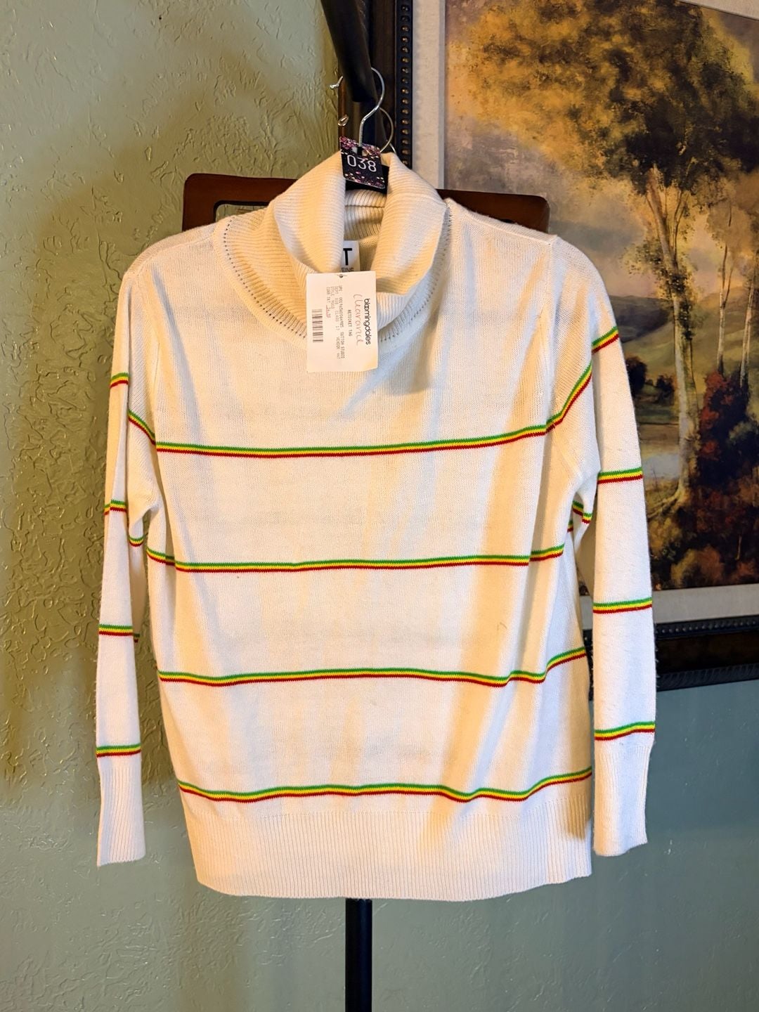 Madeleine Thompson White Turtleneck Sweater with Red, Yellow, and Green Stripes 2