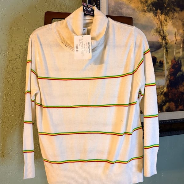 Madeleine Thompson White Turtleneck Sweater with Red, Yellow, and Green Stripes