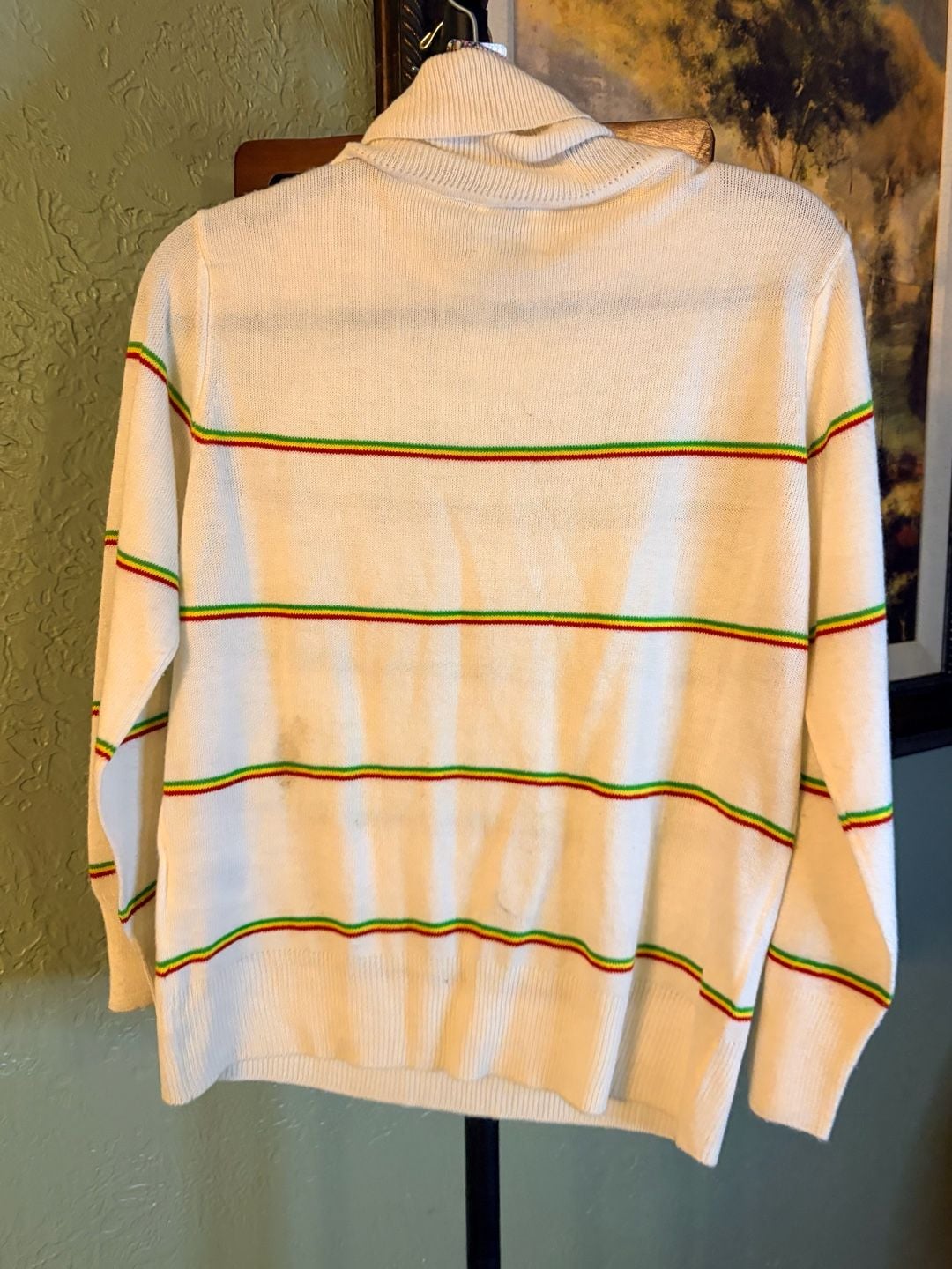 Madeleine Thompson White Turtleneck Sweater with Red, Yellow, and Green Stripes 3