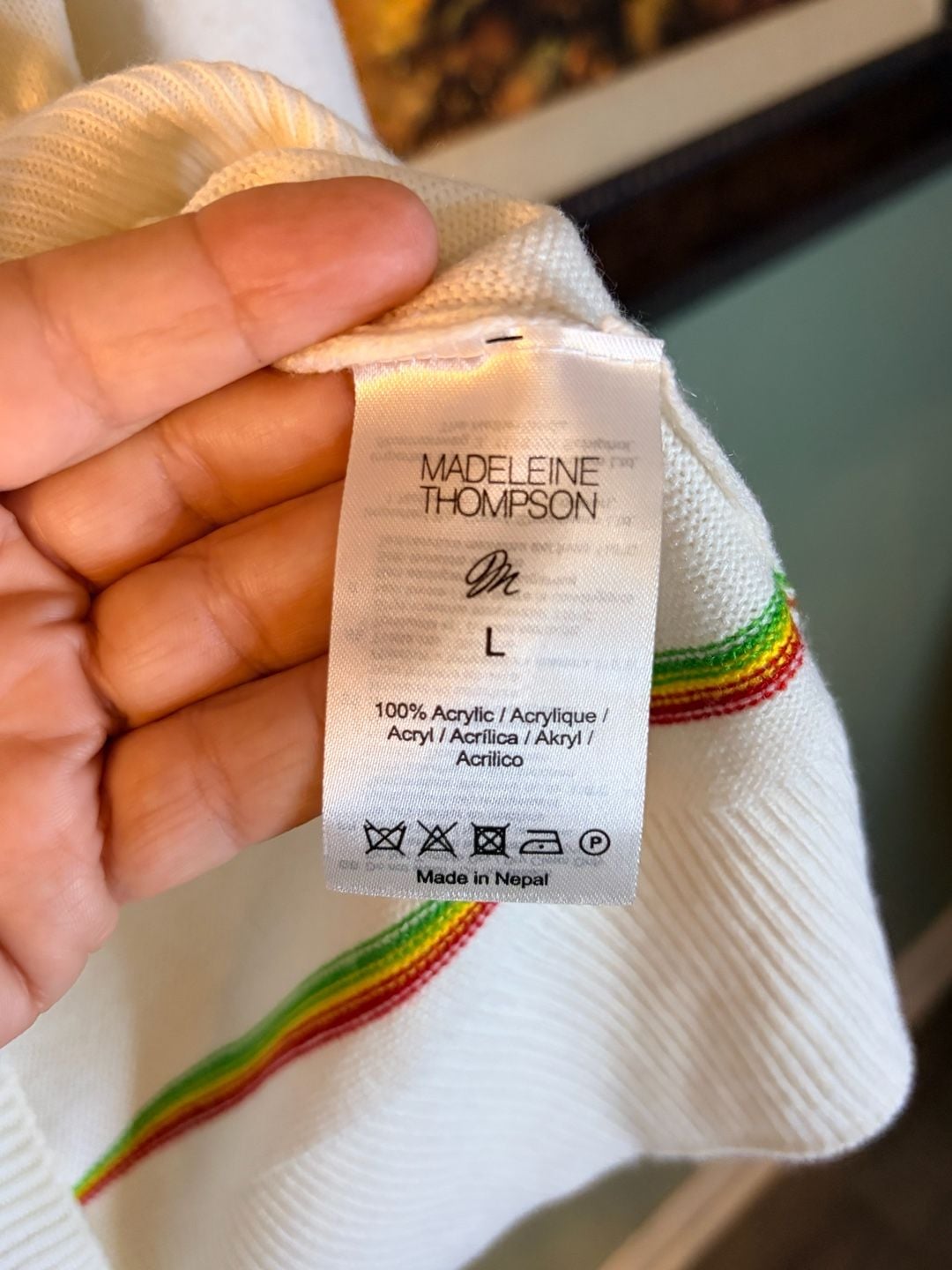Madeleine Thompson White Turtleneck Sweater with Red, Yellow, and Green Stripes 5