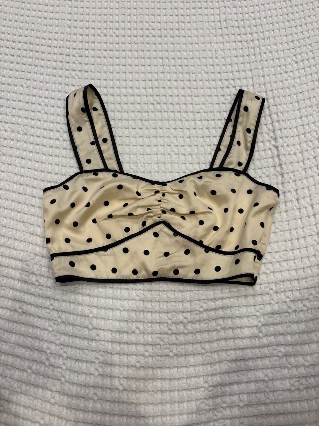 MINKPINK Cream and Black Polka Dot Ruched Crop Top 2