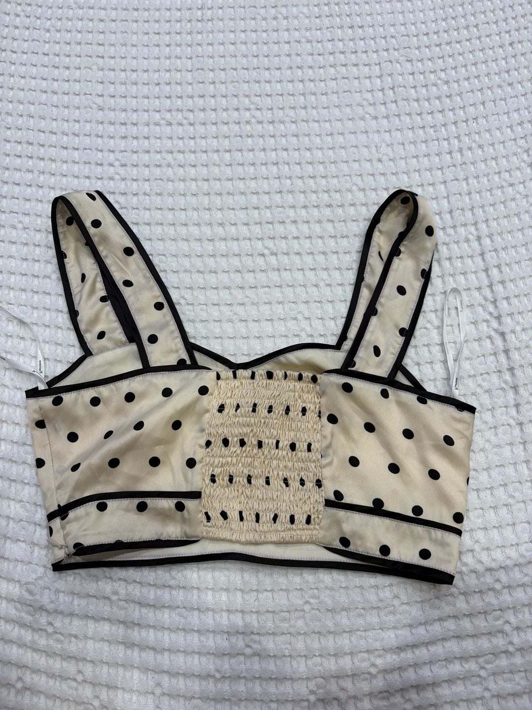 MINKPINK Cream and Black Polka Dot Ruched Crop Top 4